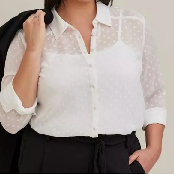 Torrid | Women Madison White Button-Up Shirt Chiffon Clip Dot Blouse Size 4 (4X) - Picture 7 of 7